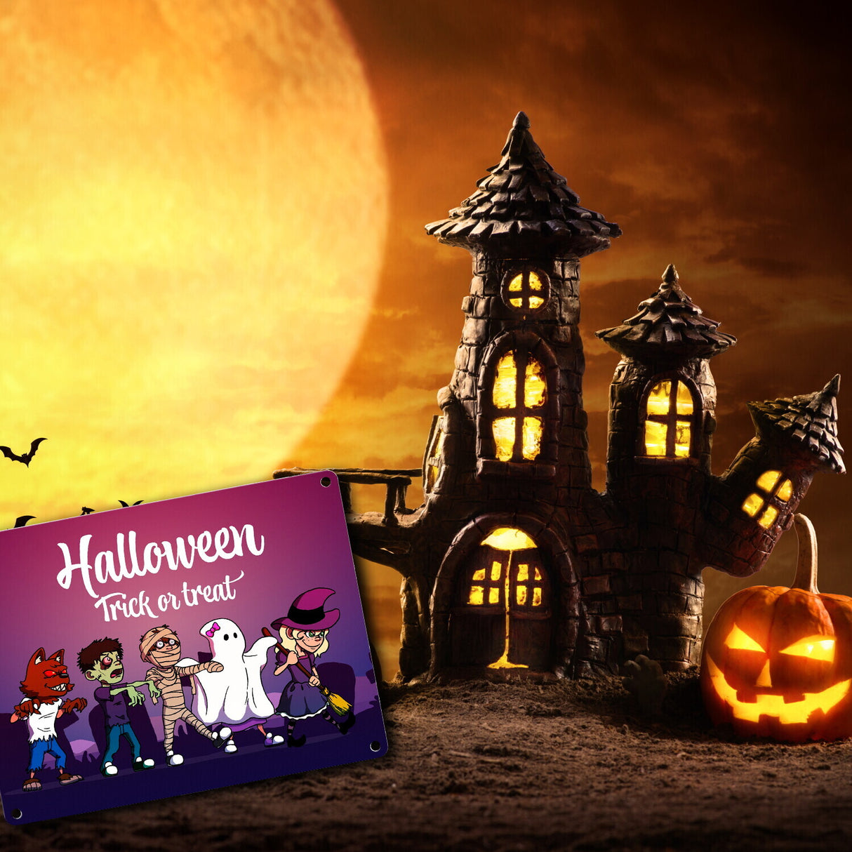 Metallschild mit Halloween-Motiv, Spruch und kleinen Monstern