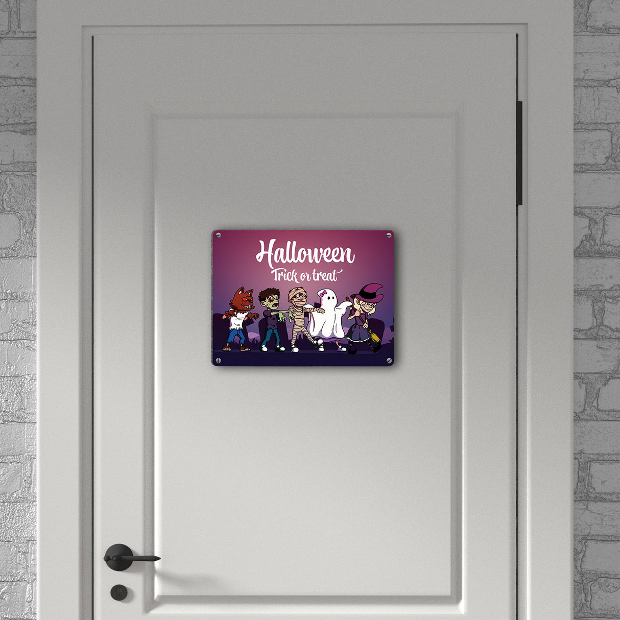 Metallschild mit Halloween-Motiv, Spruch und kleinen Monstern
