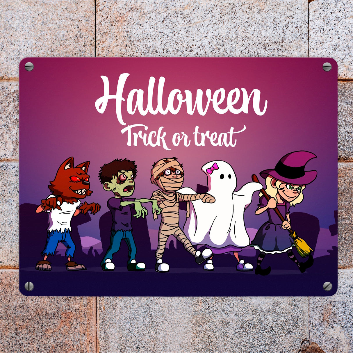Metallschild mit Halloween-Motiv, Spruch und kleinen Monstern