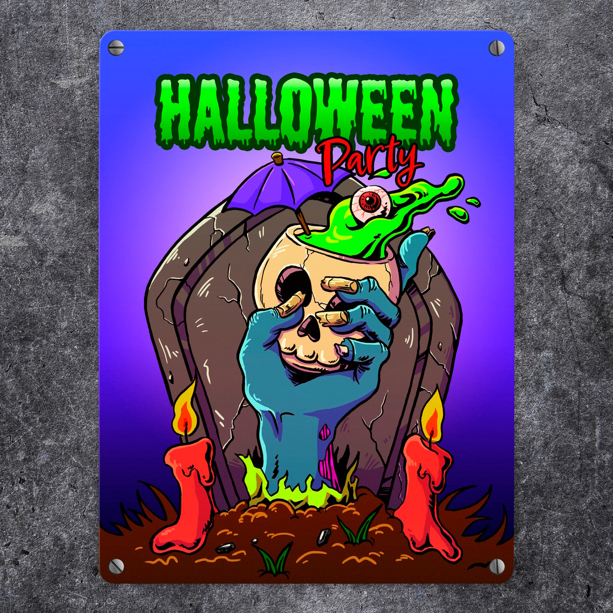 Metallschild mit Halloween Party Motiv und schauriger Zombiehand