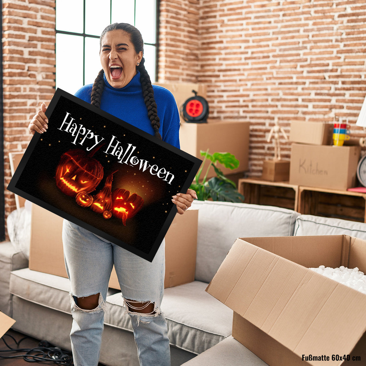 Fußmatte mit Kürbiskopf Motiv und Happy Halloween Schriftzug
