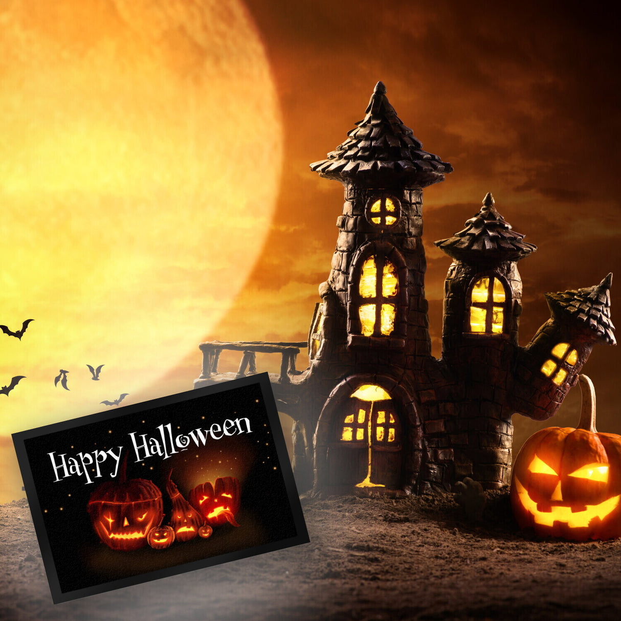 Fußmatte mit Kürbiskopf Motiv und Happy Halloween Schriftzug
