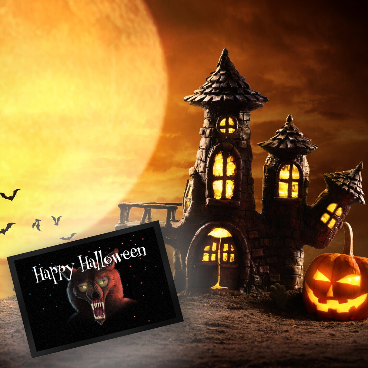 Fußmatte mit Werwolf Motiv und Happy Halloween Schriftzug