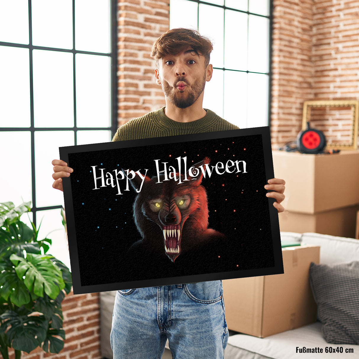 Fußmatte mit Werwolf Motiv und Happy Halloween Schriftzug