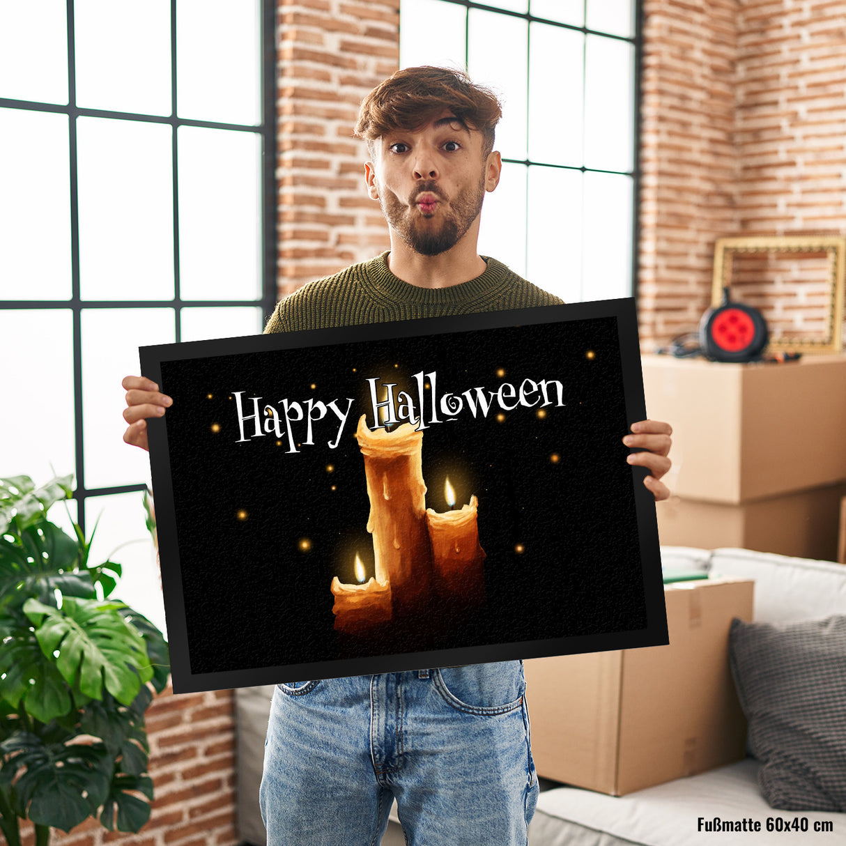 Fußmatte in 35x50 cm mit Kerze Motiv und Happy Halloween Schriftzug