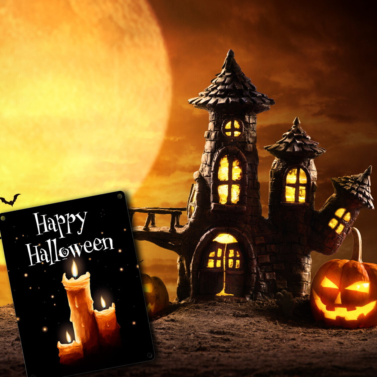 Metallschild mit gruseligem Kerzen Motiv und Happy Halloween Schriftzug