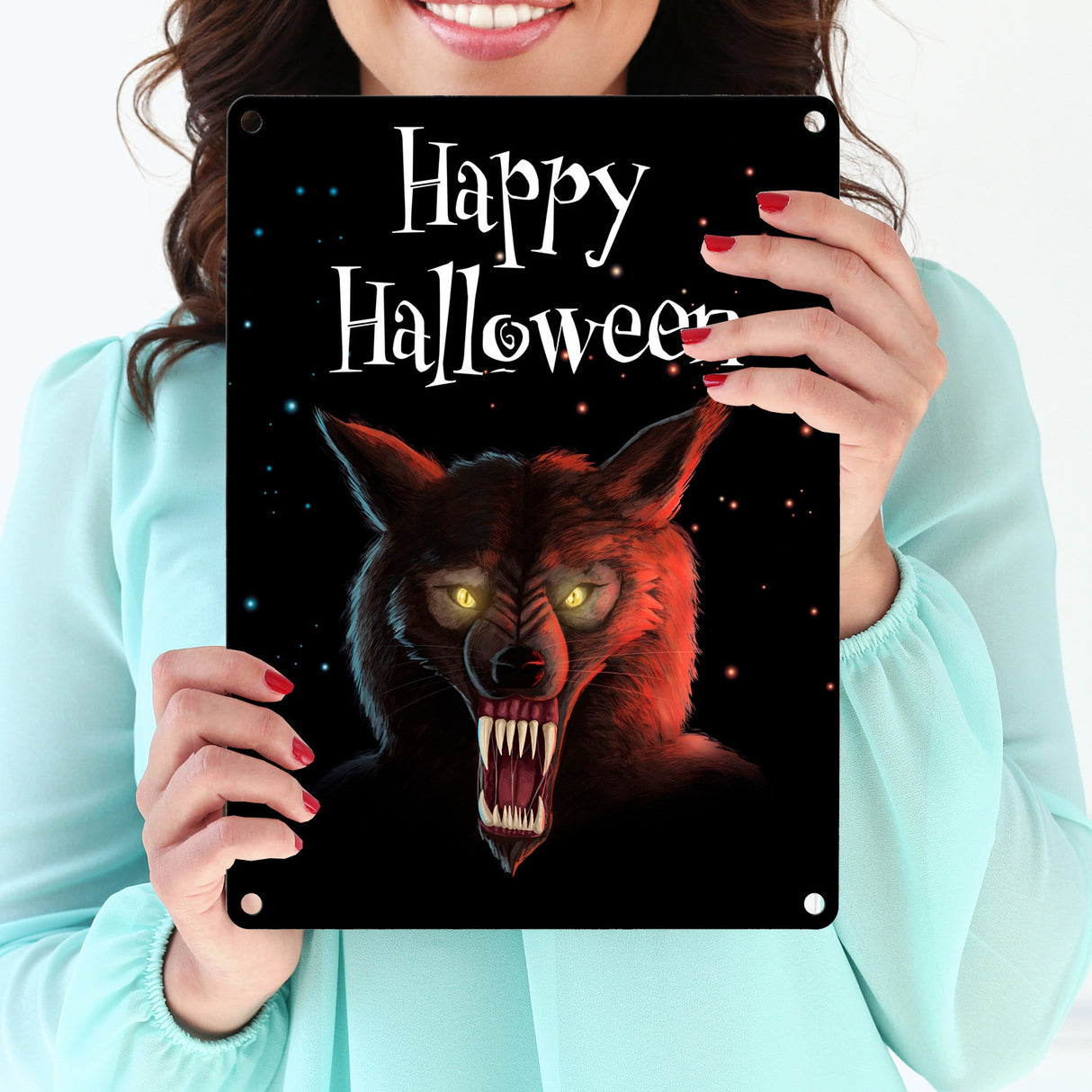 Metallschild mit gruseligem Wolf Motiv und Happy Halloween Schriftzug