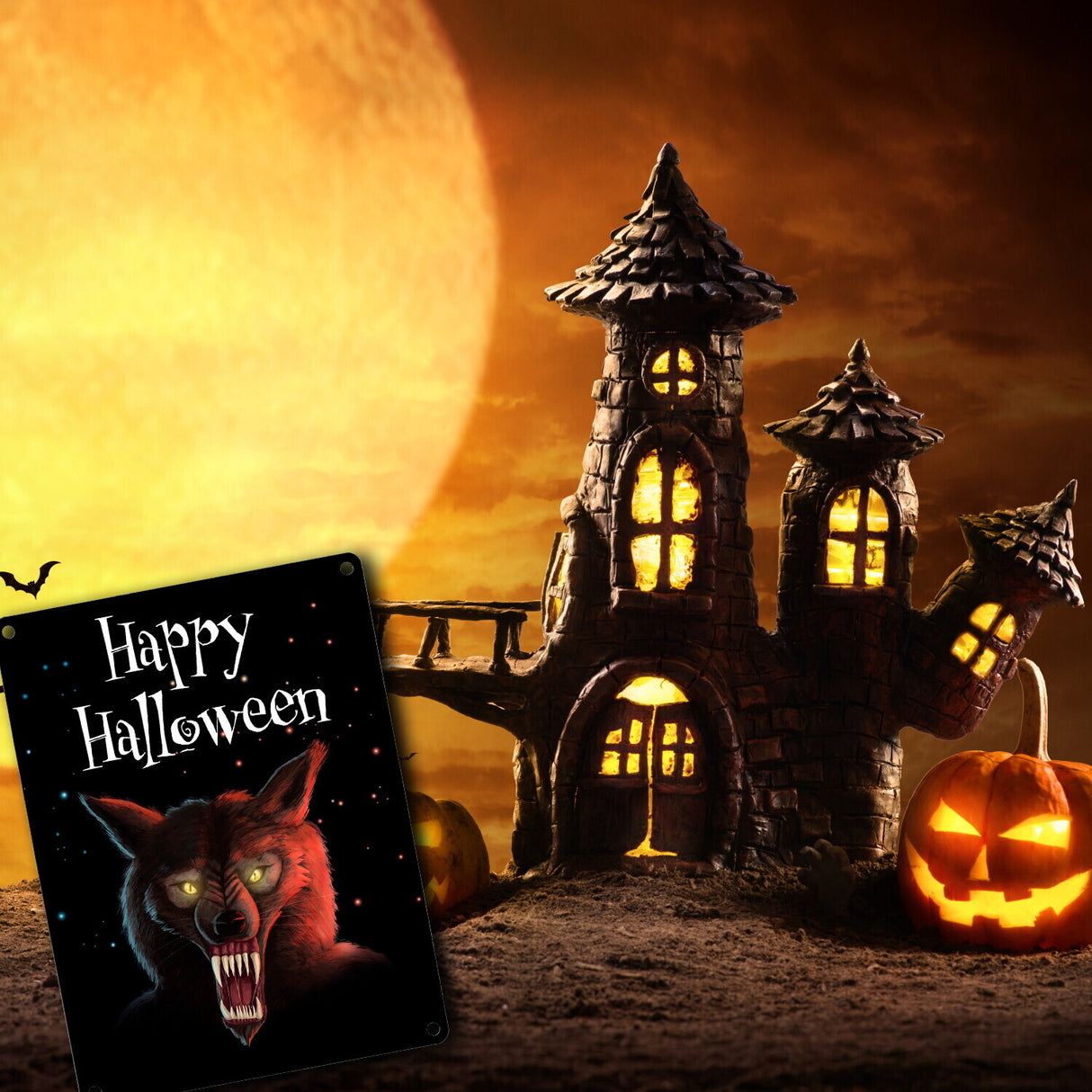 Metallschild mit gruseligem Wolf Motiv und Happy Halloween Schriftzug