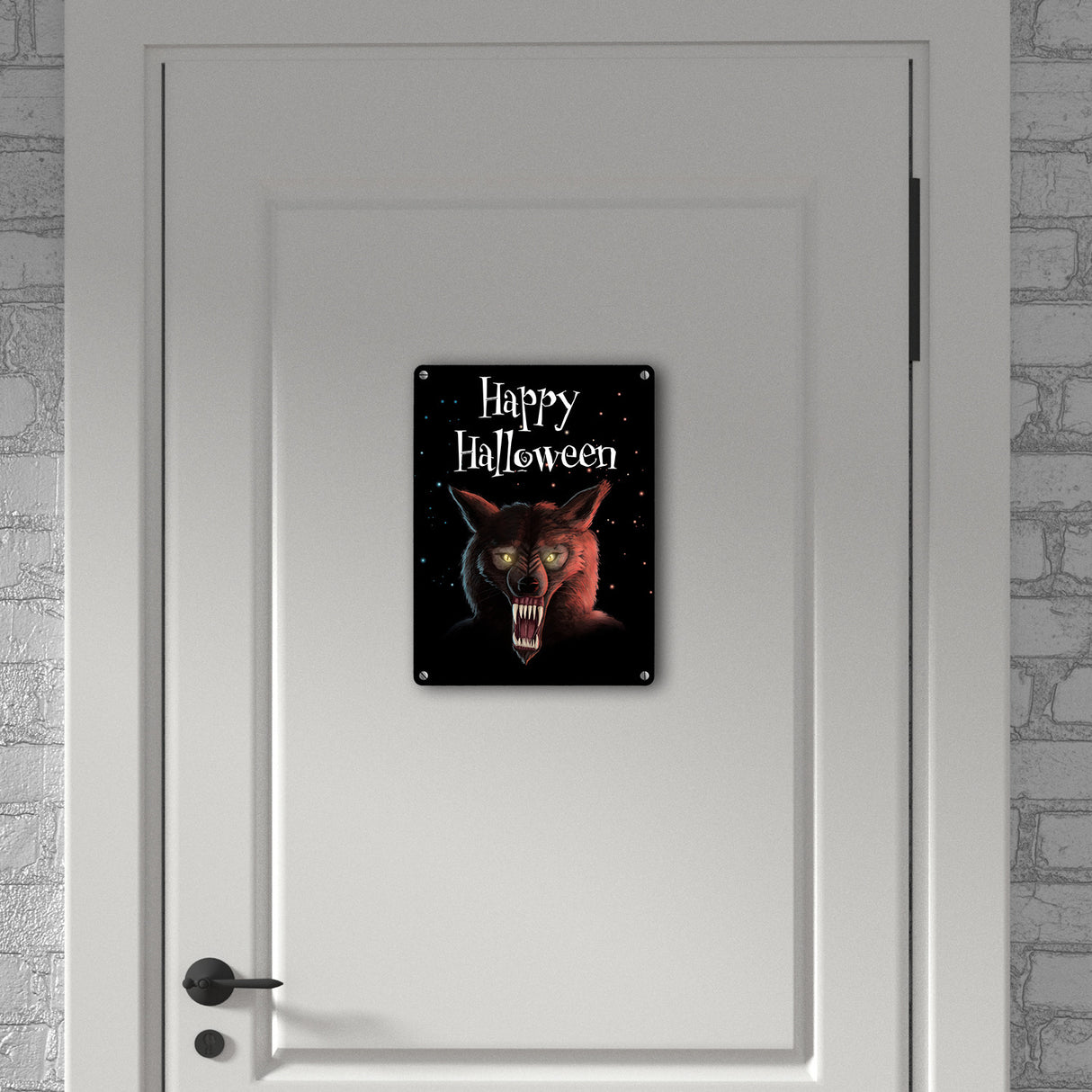 Metallschild mit gruseligem Wolf Motiv und Happy Halloween Schriftzug