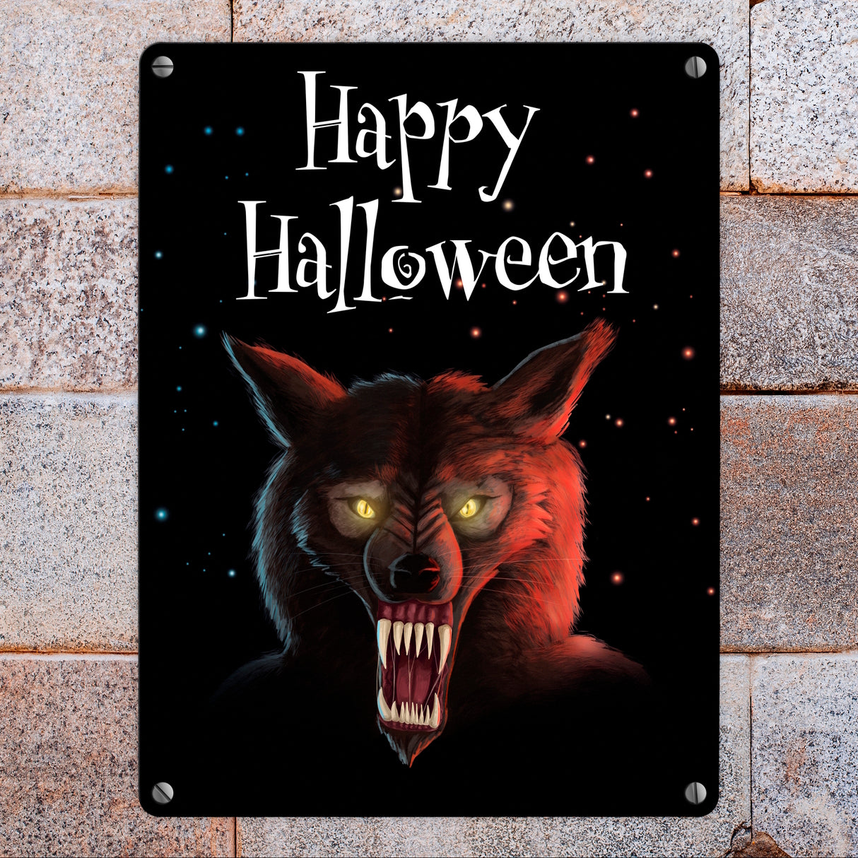 Metallschild mit gruseligem Wolf Motiv und Happy Halloween Schriftzug