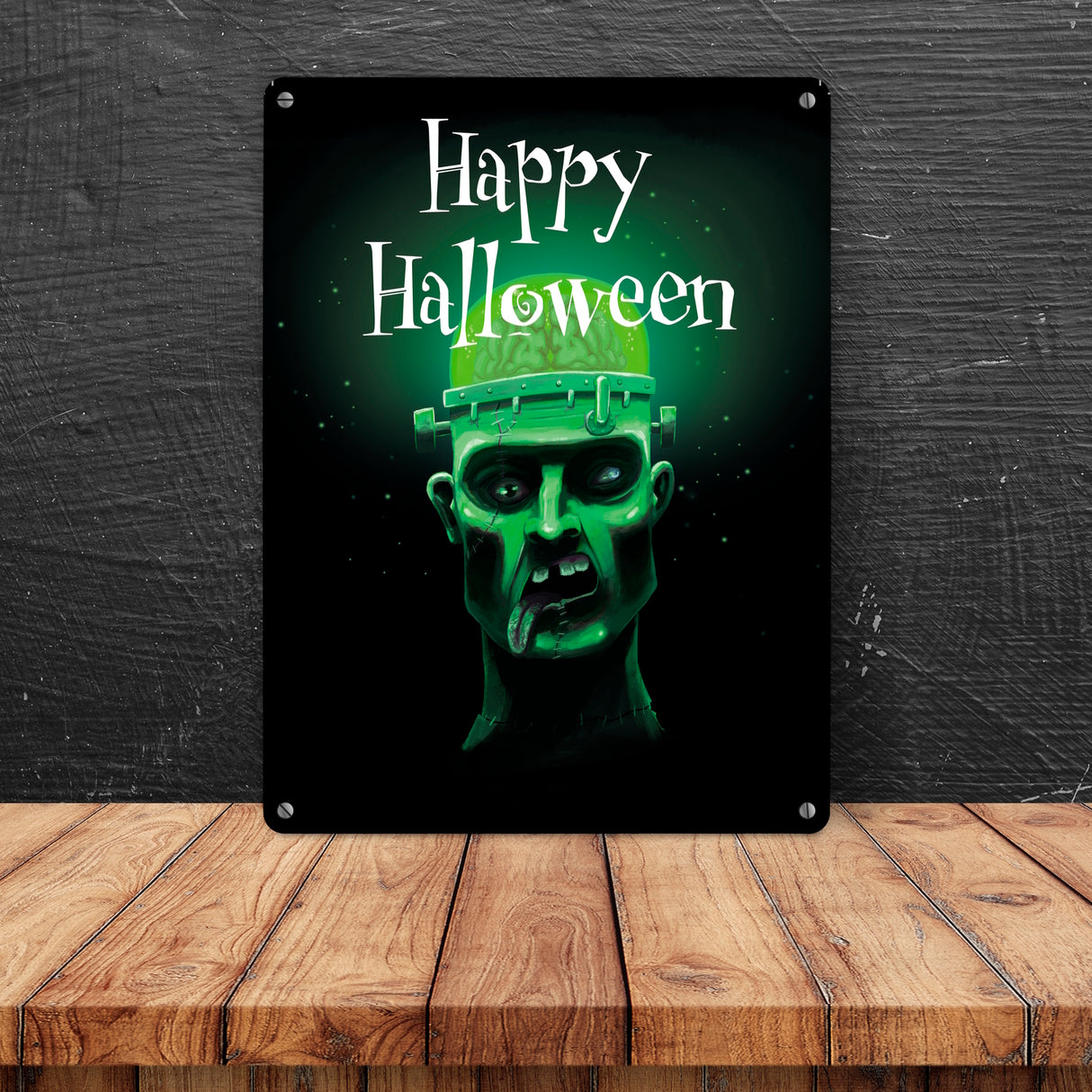 Metallschild in 15x20 cm mit gruseligem Zombie Motiv und Happy Halloween Schriftzug