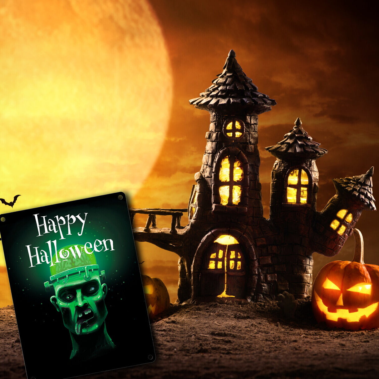 Metallschild in 15x20 cm mit gruseligem Zombie Motiv und Happy Halloween Schriftzug