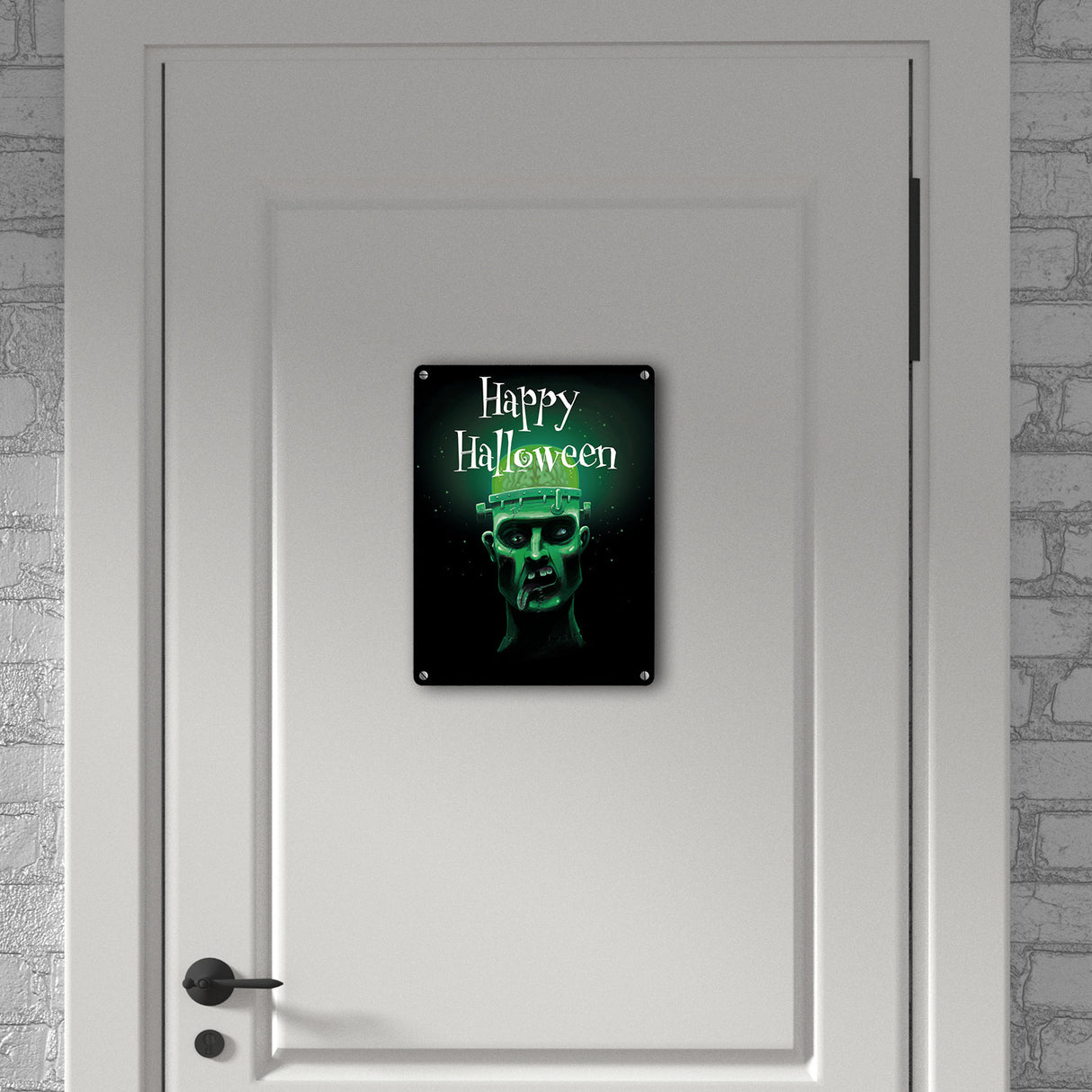 Metallschild in 15x20 cm mit gruseligem Zombie Motiv und Happy Halloween Schriftzug