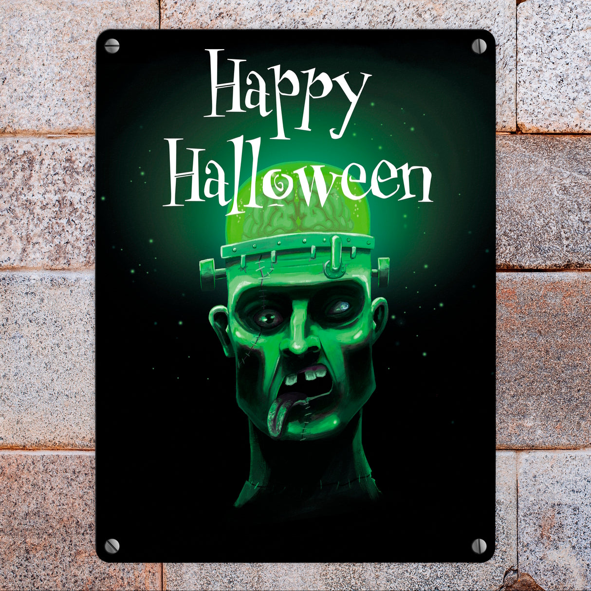 Metallschild in 15x20 cm mit gruseligem Zombie Motiv und Happy Halloween Schriftzug