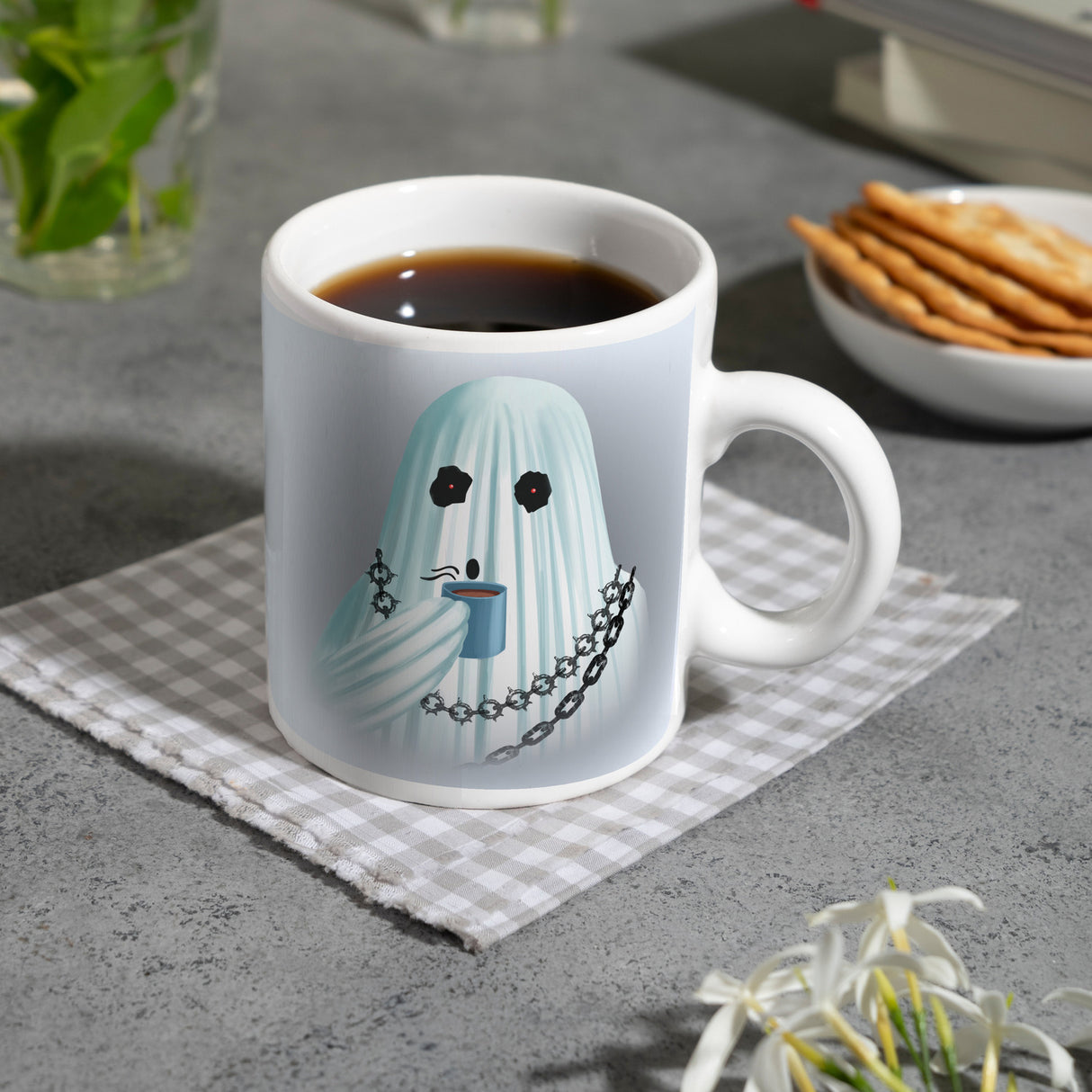 Kaffeebecher mit lustigem Motiv und Spruch - Auch Geister brauchen Kaffee -