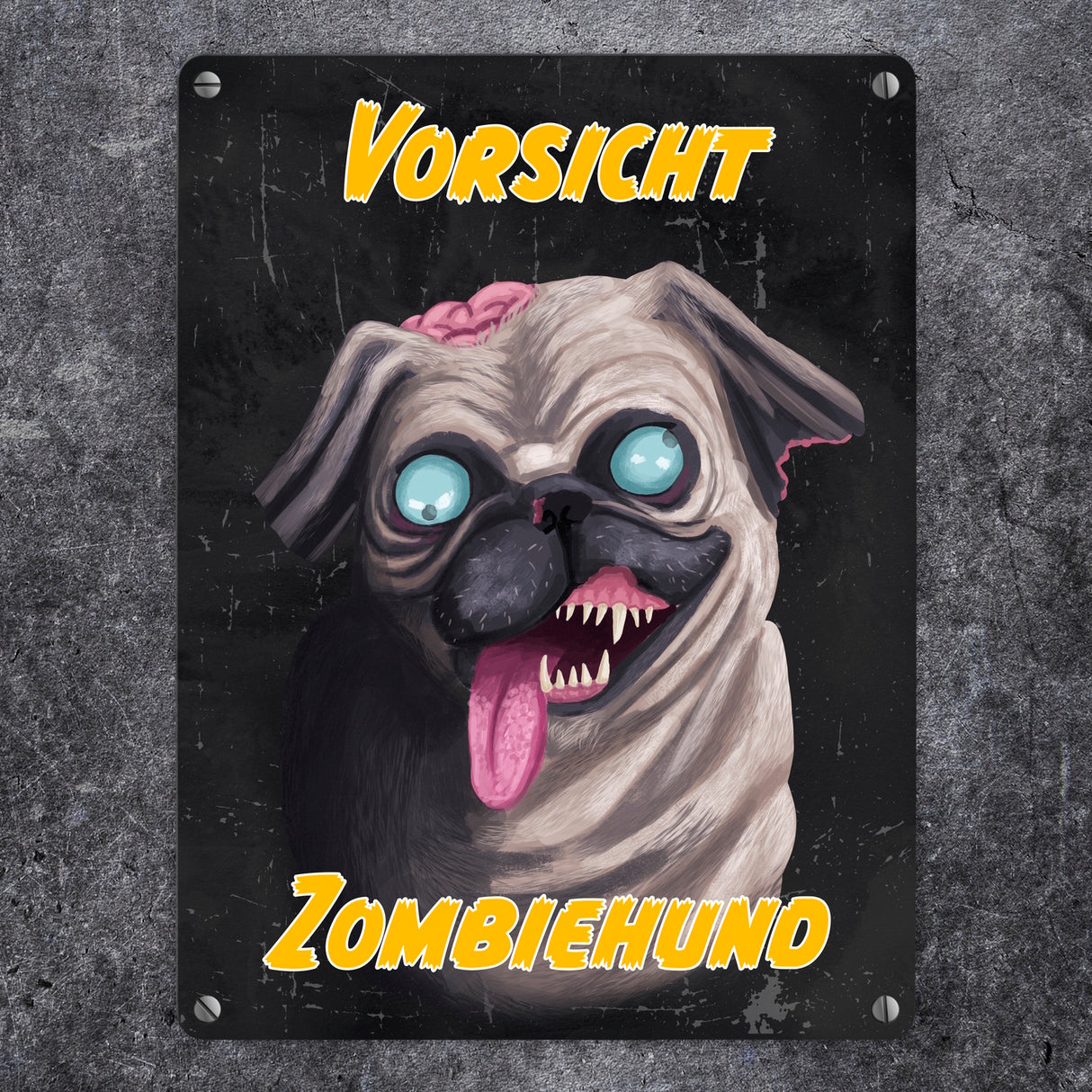 Vorsicht Zombiehund Metallschild in dunkelgrau