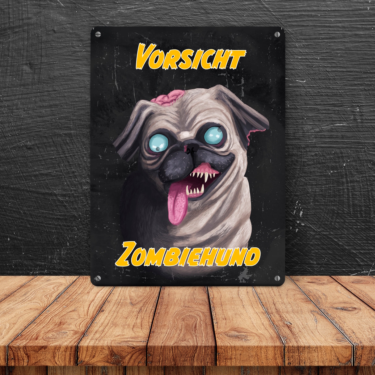 Vorsicht Zombiehund Metallschild in dunkelgrau