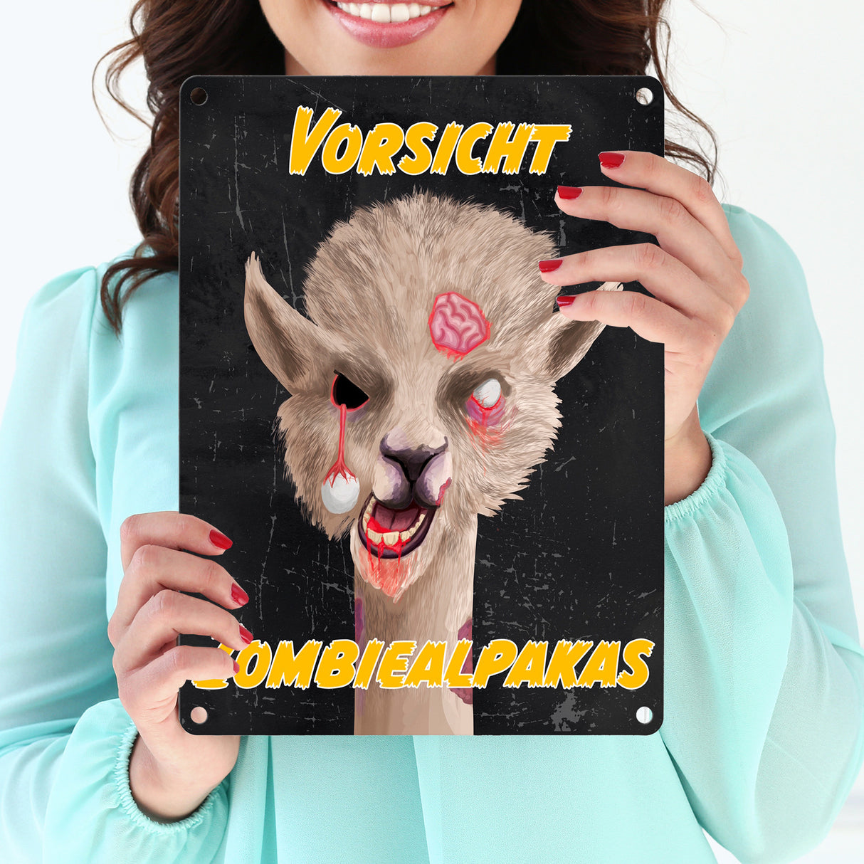 Vorsicht Zombiealpaka Metallschild in dunkelgrau