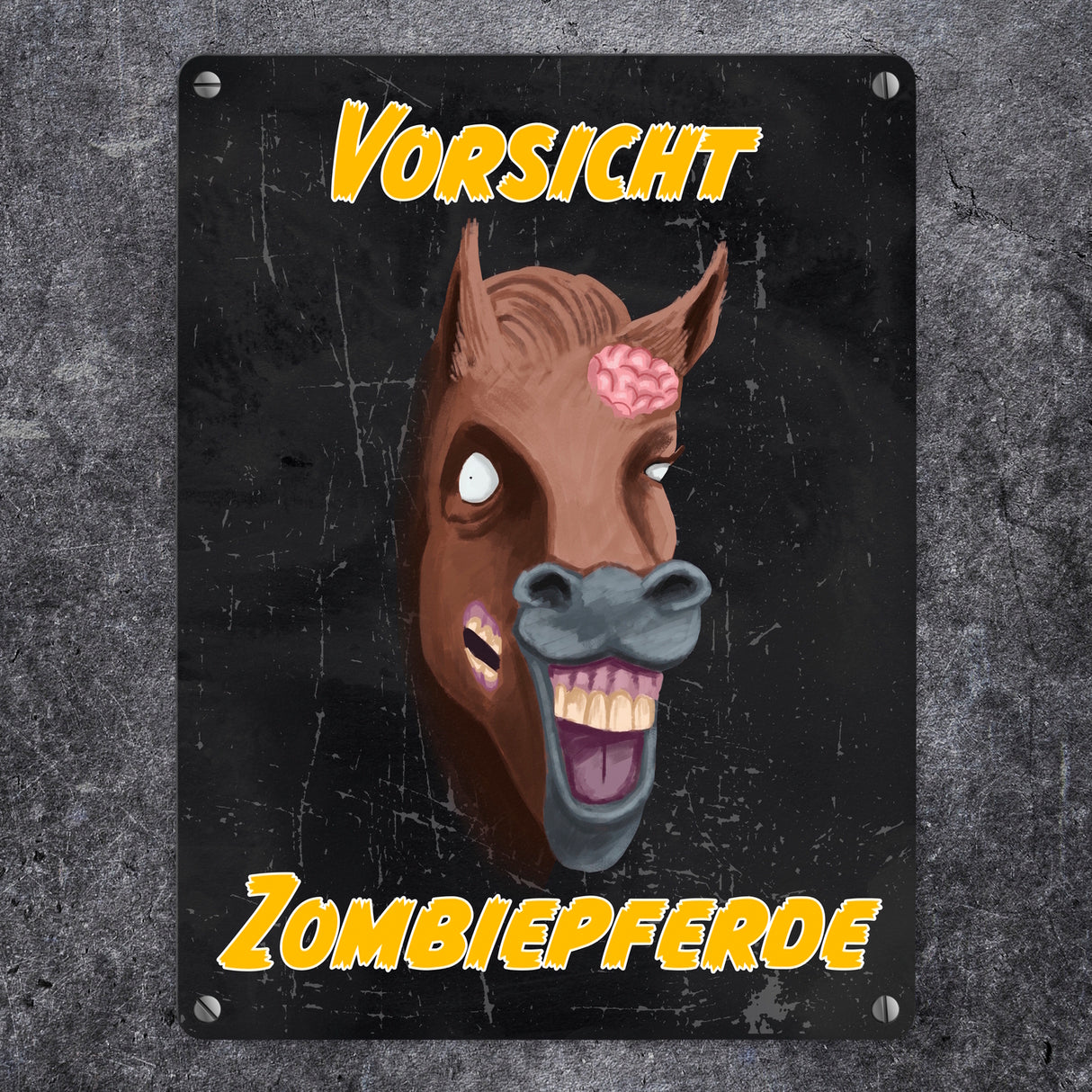 Vorsicht Zombiepferd Metallschild in 15x20 cm in dunkelgrau