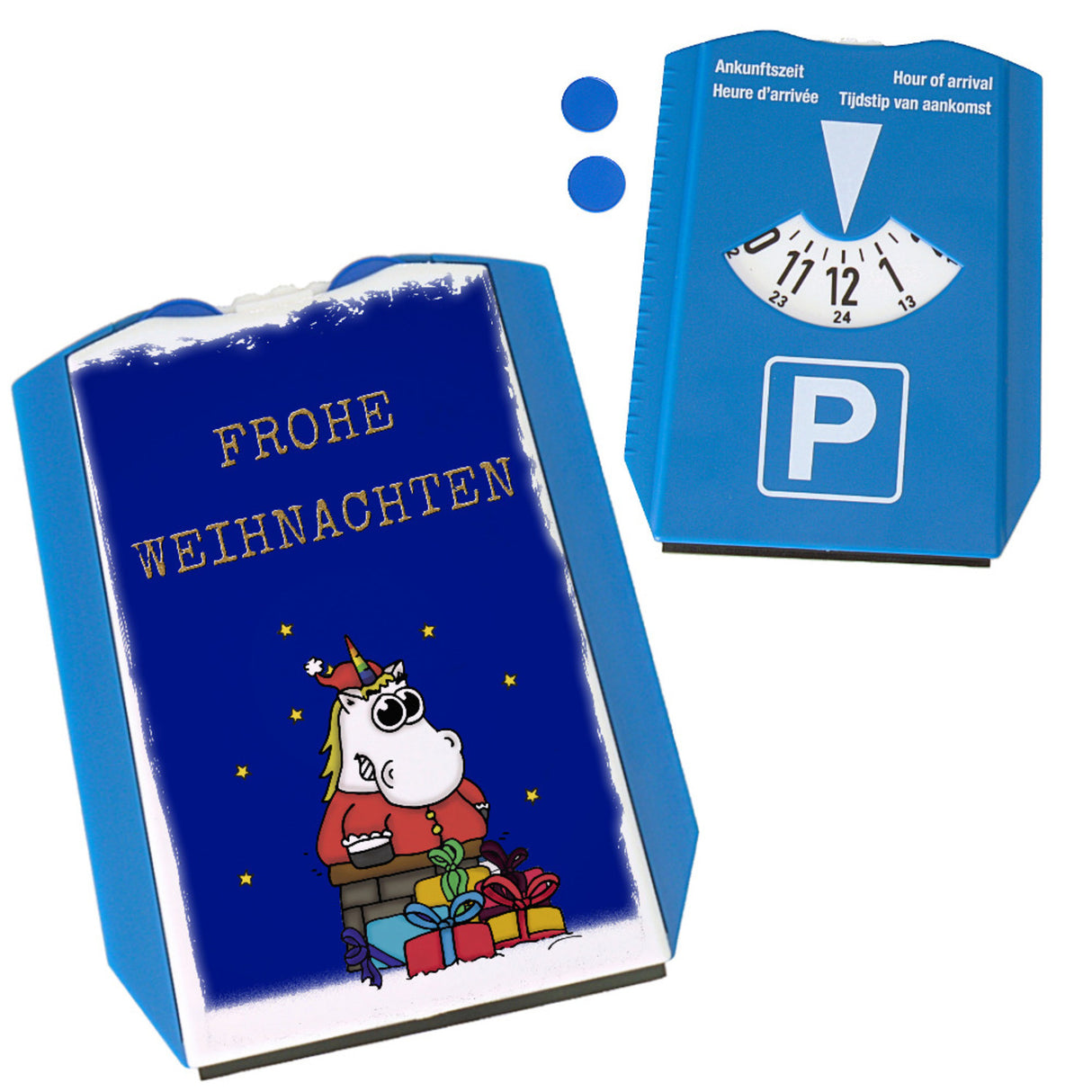 Frohe Weihnachten Parkscheibe mit Einhorn Weihnachtsmann und Geschenken Motiv