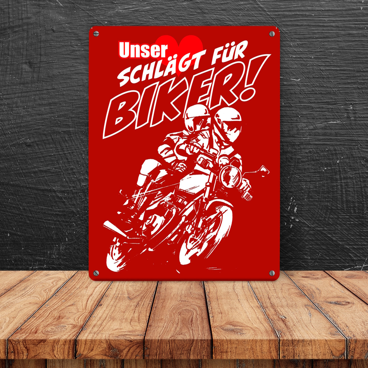 Metallschild mit Motorrad Unser Herz schlägt für Biker