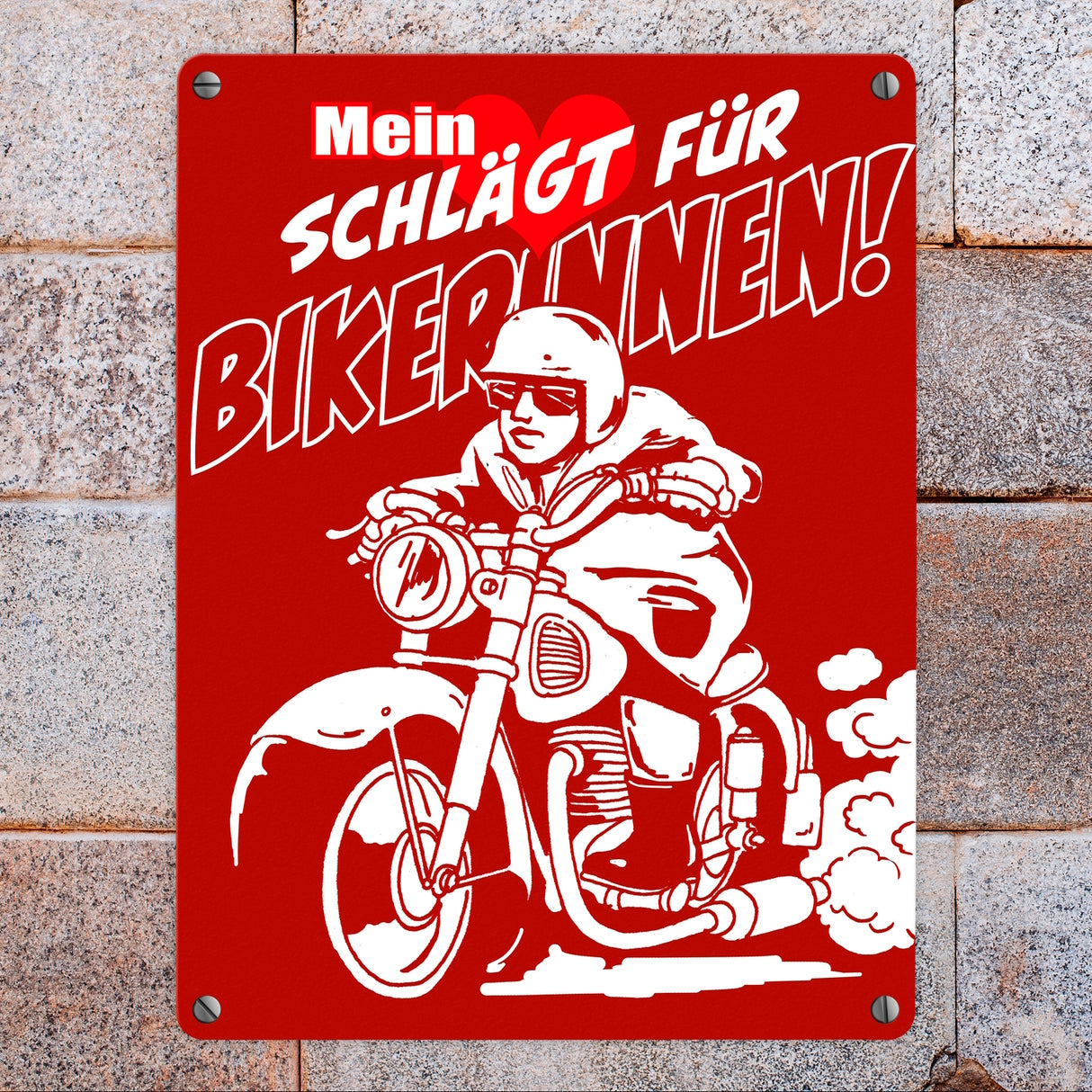 Metallschild mit Motorrad Mein Herz schlägt für Bikerinnen