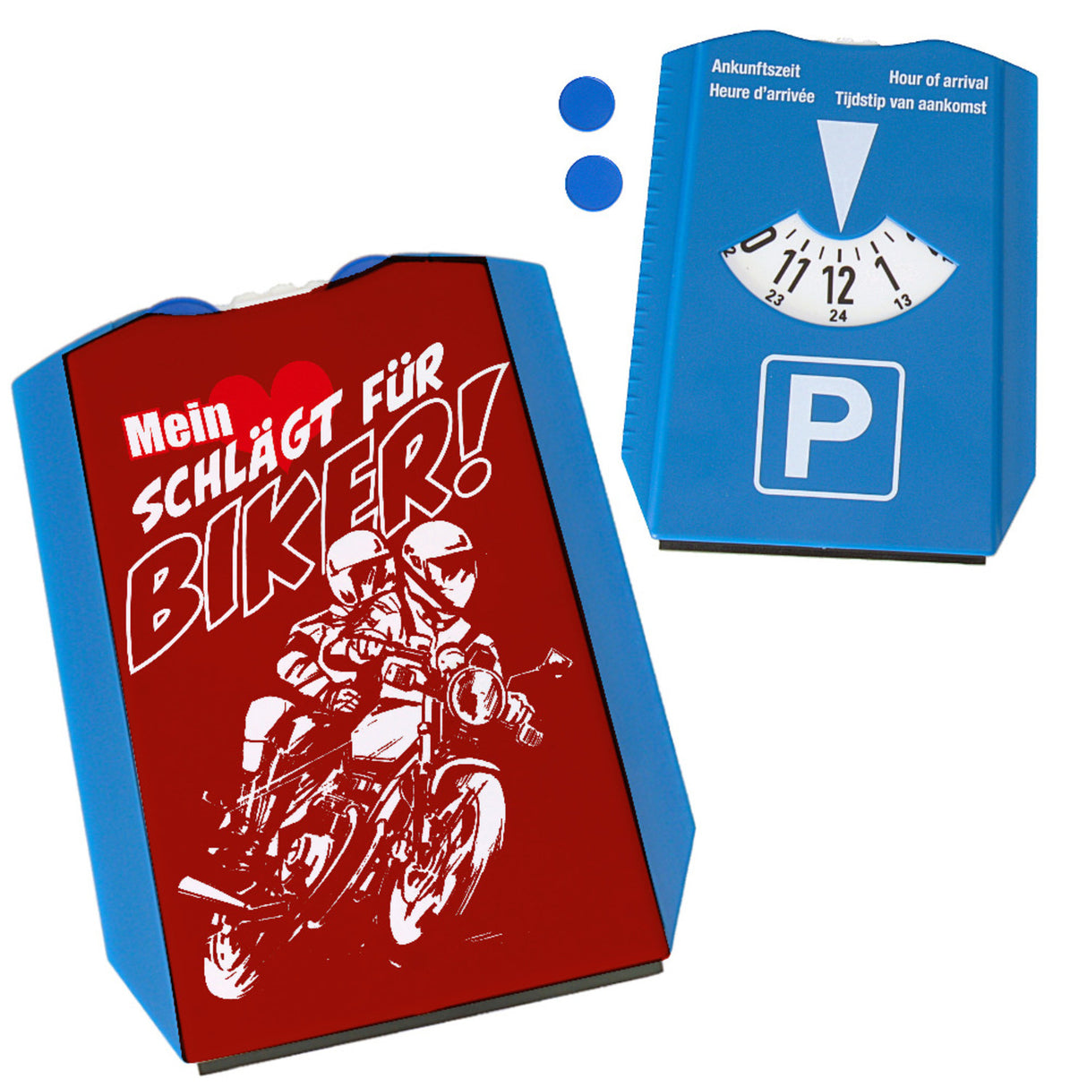 Motorrad Parkscheibe mit Biker Motiv in rot mit 2 Einkaufswagenchips