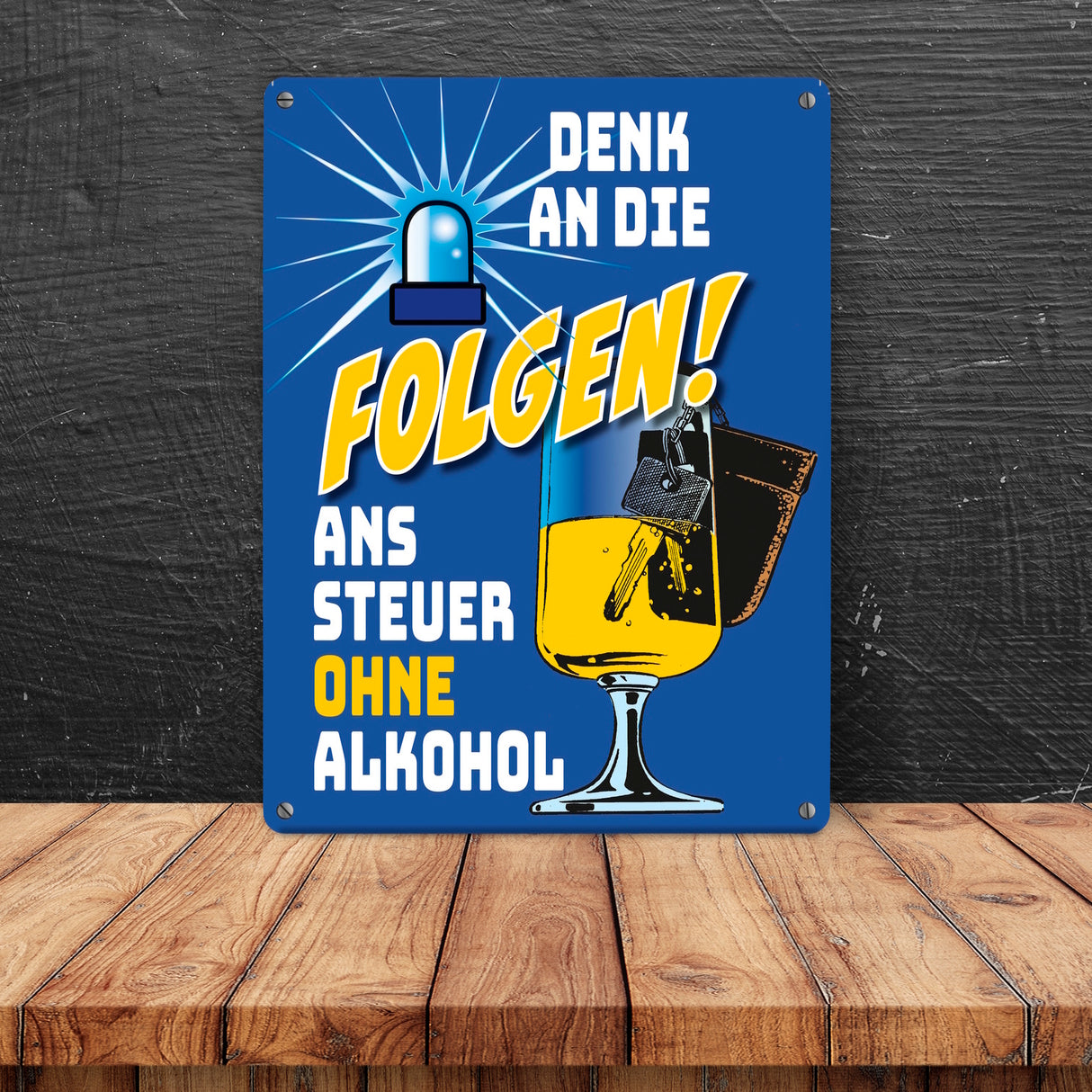Bierglas und Autoschlüssel Metallschild zum Thema don't drink and drive