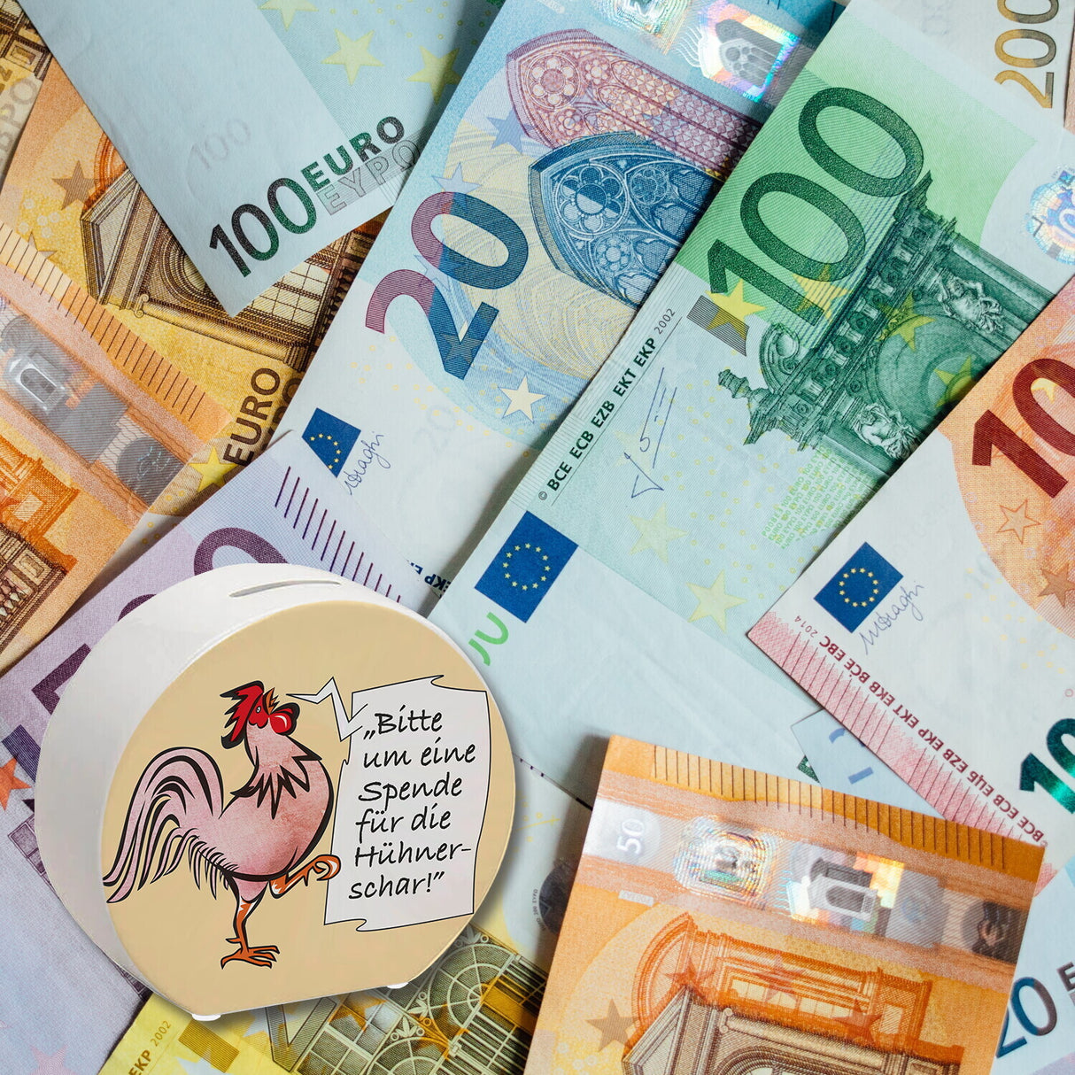 Spardose mit Hahn Motiv zum Thema Trinkgeld und lustigem Spruch