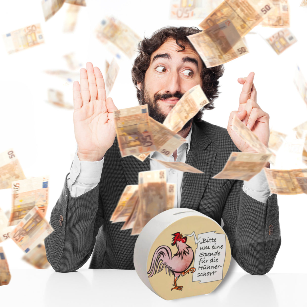 Spardose mit Hahn Motiv zum Thema Trinkgeld und lustigem Spruch