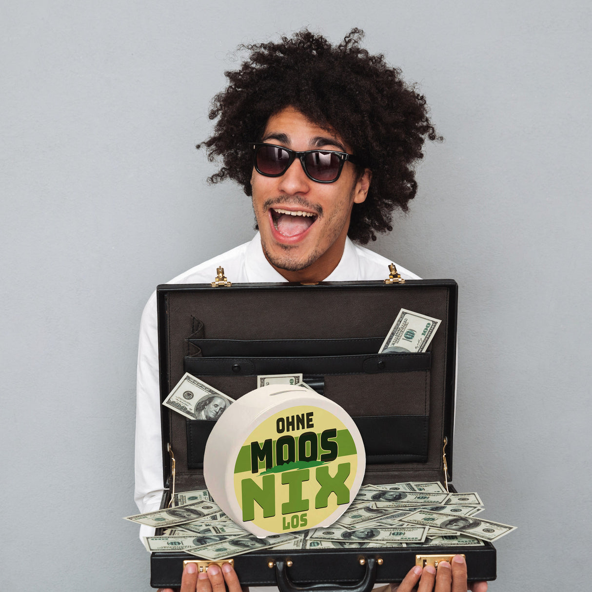Spardose mit lustigem Motiv und Spruch: Ohne Moos nix los