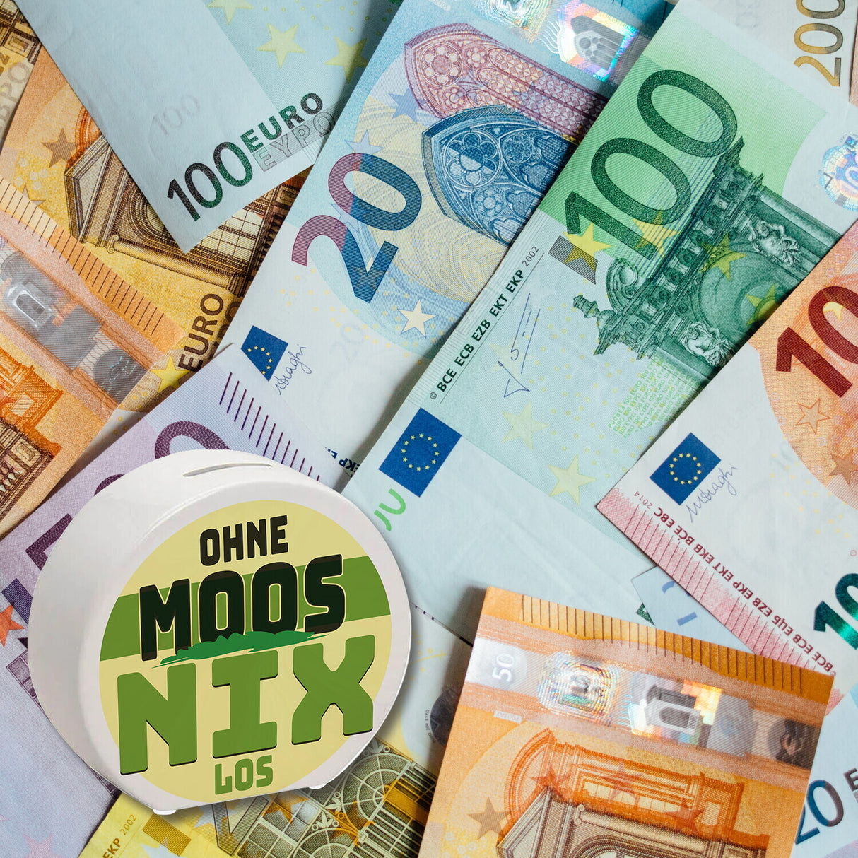 Spardose mit lustigem Motiv und Spruch: Ohne Moos nix los