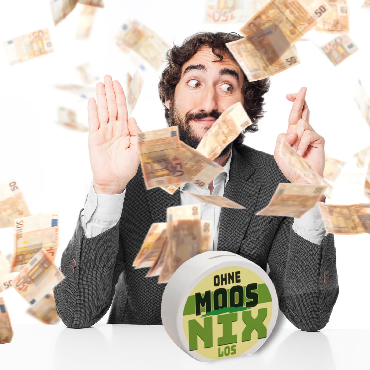 Spardose mit lustigem Motiv und Spruch: Ohne Moos nix los