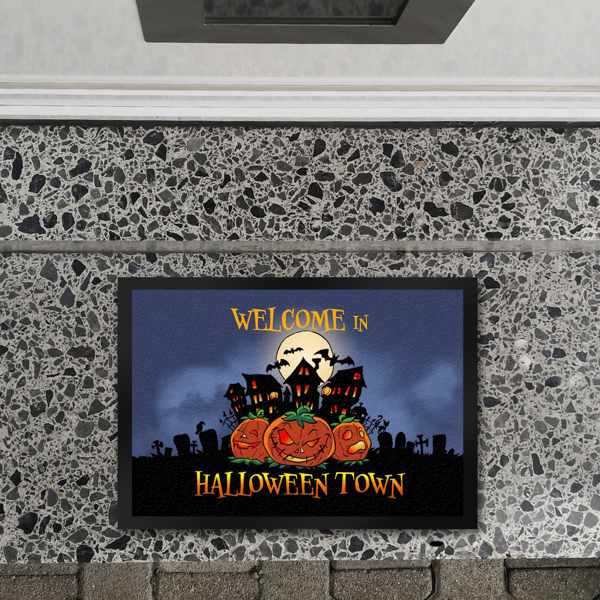 Fußmatte mit gruseligen Halloween Design und Spruch - Welcome in Halloween Town