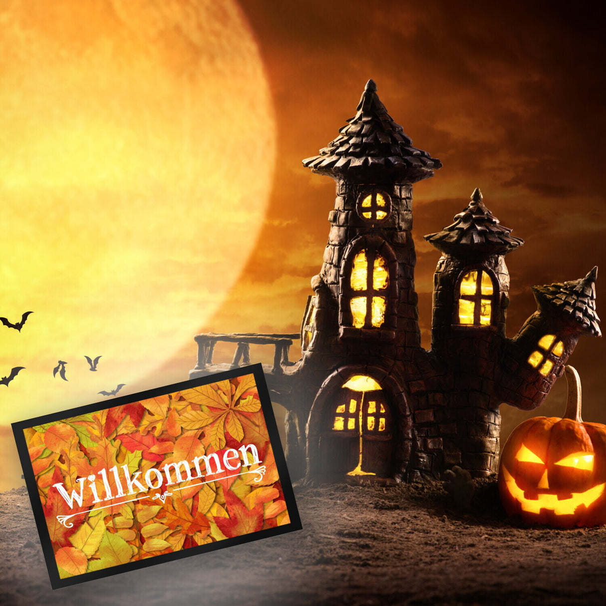 Fußmatte mit schönen Herbstblättern und Schriftzug - Willkommen