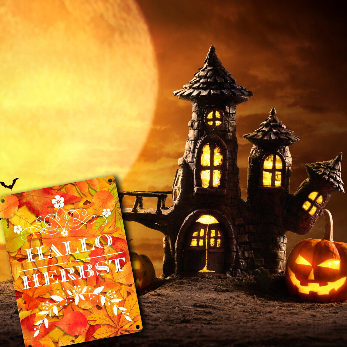 Metallschild mit schönen Herbstblättern und Schriftzug - Hallo Herbst