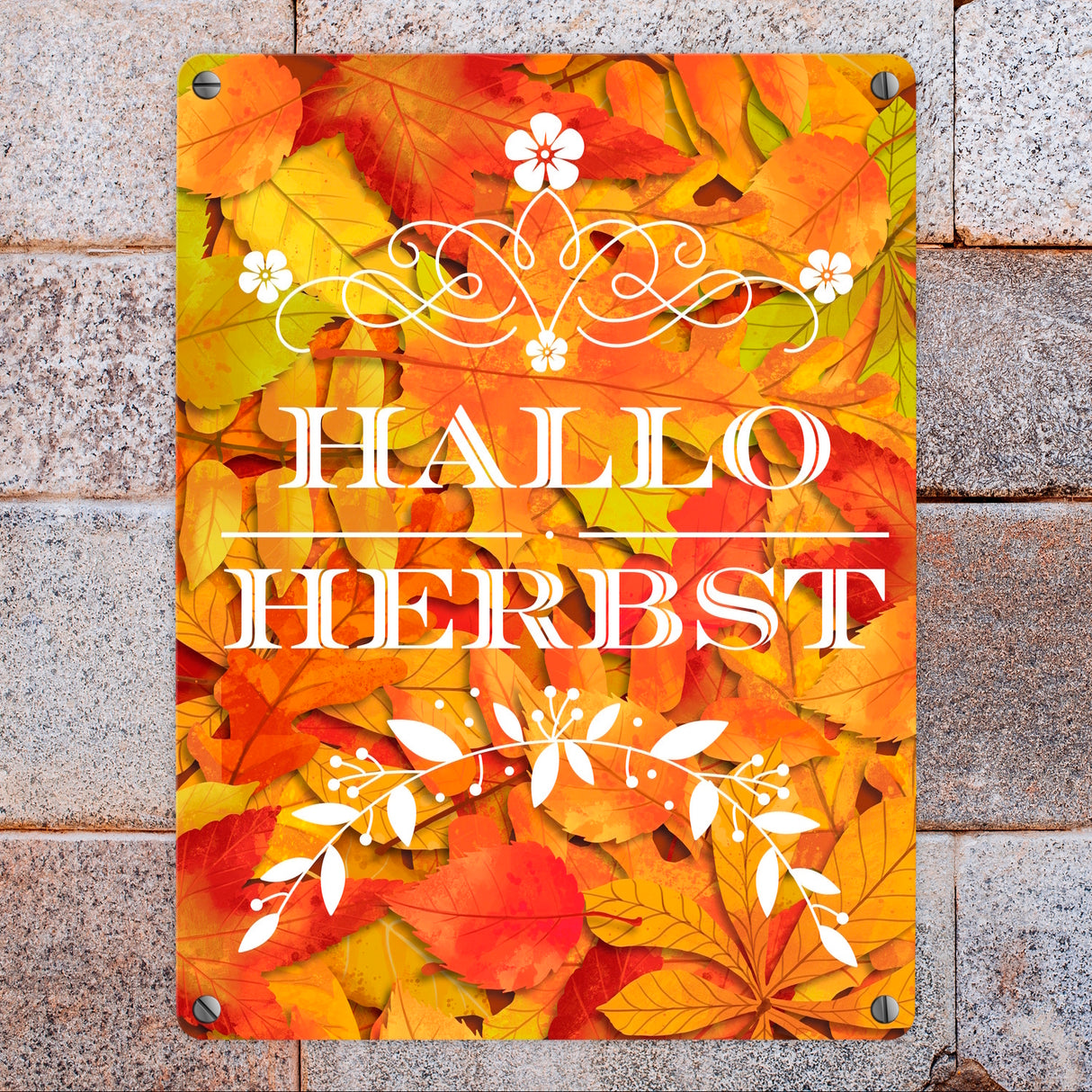 Metallschild mit schönen Herbstblättern und Schriftzug - Hallo Herbst