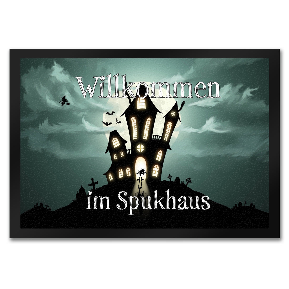Fußmatte mit gruseligem Halloween Motiv und Spruch - Willkommen im Spukhaus