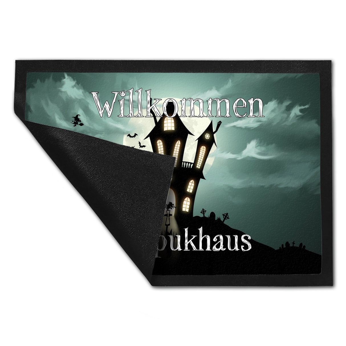 Fußmatte mit gruseligem Halloween Motiv und Spruch - Willkommen im Spukhaus