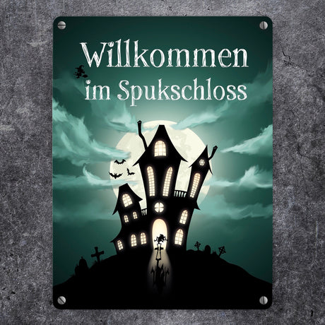 Metallschild gruseliges Halloween Motiv und Spruch - Willkommen im Spukschloss