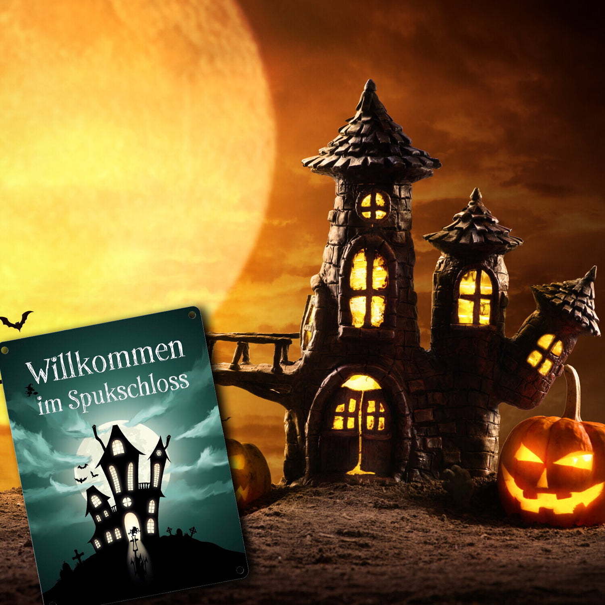 Metallschild gruseliges Halloween Motiv und Spruch - Willkommen im Spukschloss