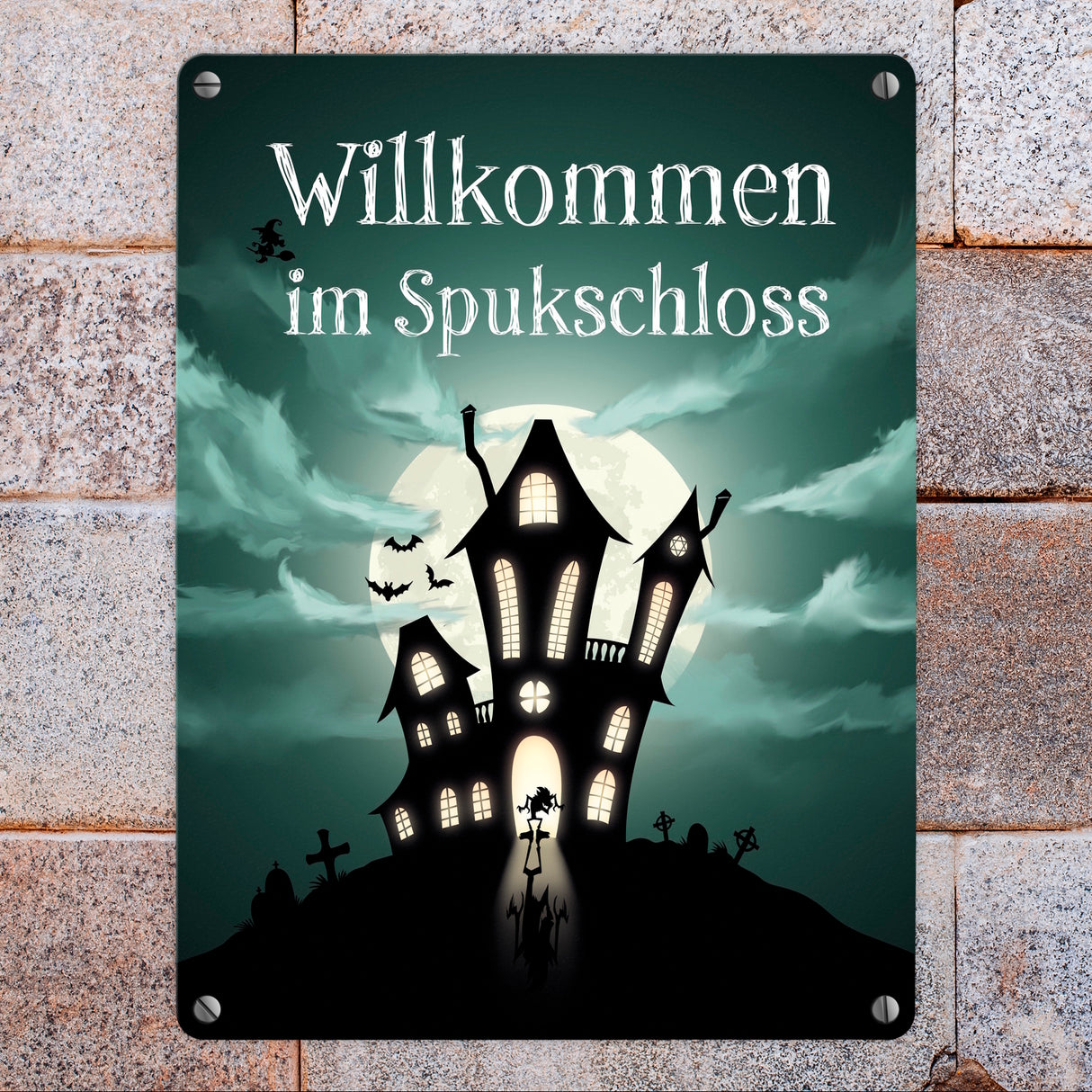 Metallschild gruseliges Halloween Motiv und Spruch - Willkommen im Spukschloss