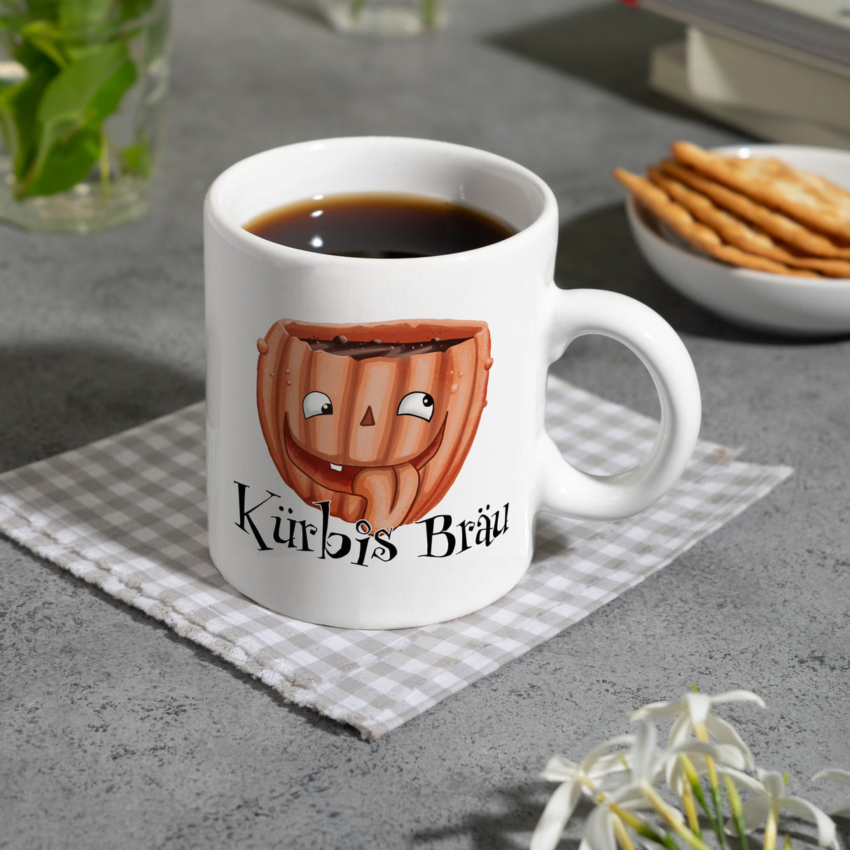 Kaffeetasse mit lustigem Kürbismotiv und Schriftzug - Kürbis Bräu