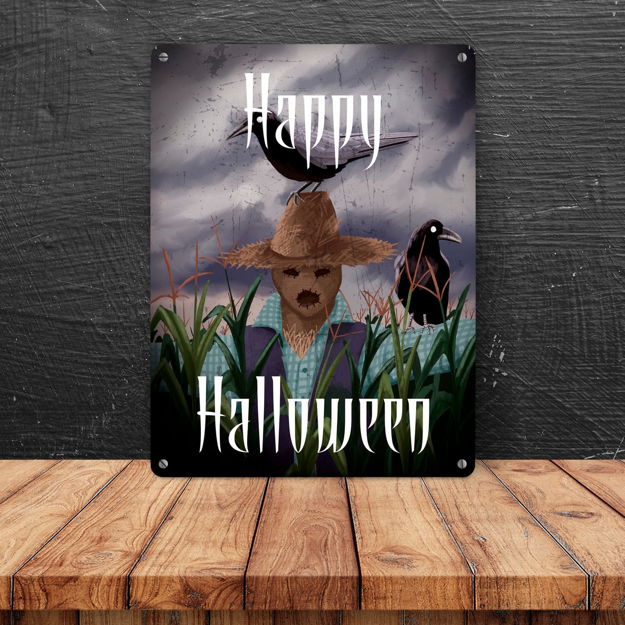 Metallschild mit gruseliger Vogelscheuche und Schriftzug - Happy Halloween