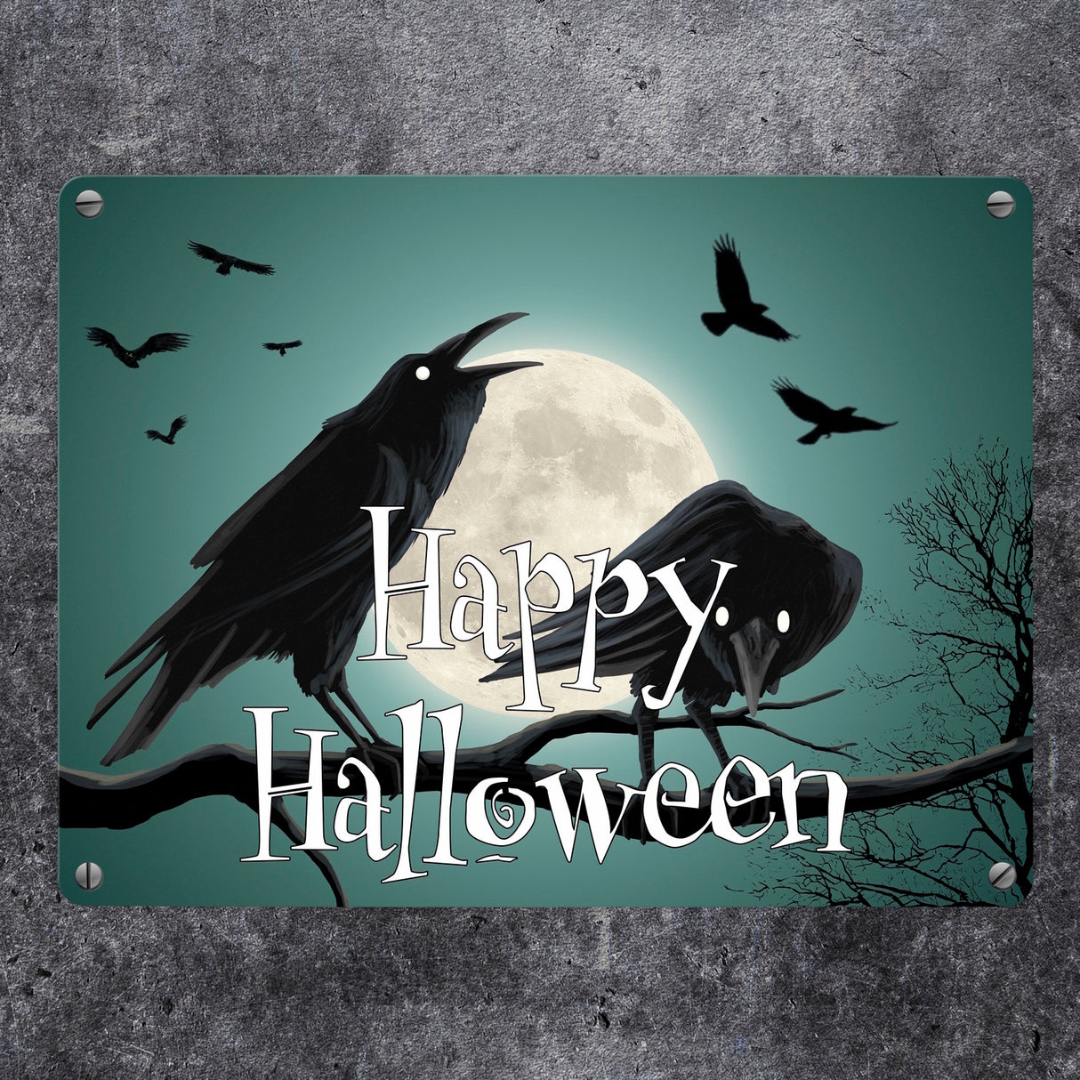 Metallschild mit gruseligem Raben Motiv und Schriftzug - Happy Halloween