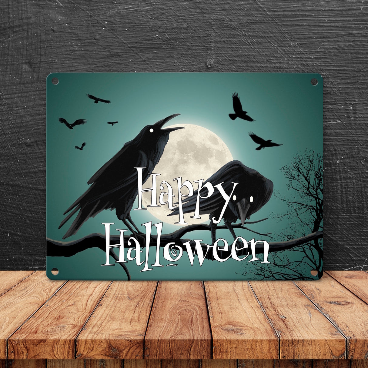 Metallschild mit gruseligem Raben Motiv und Schriftzug - Happy Halloween