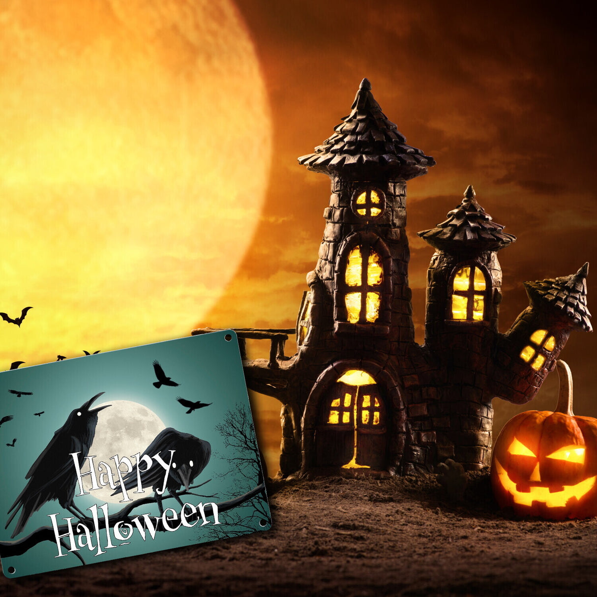 Metallschild mit gruseligem Raben Motiv und Schriftzug - Happy Halloween