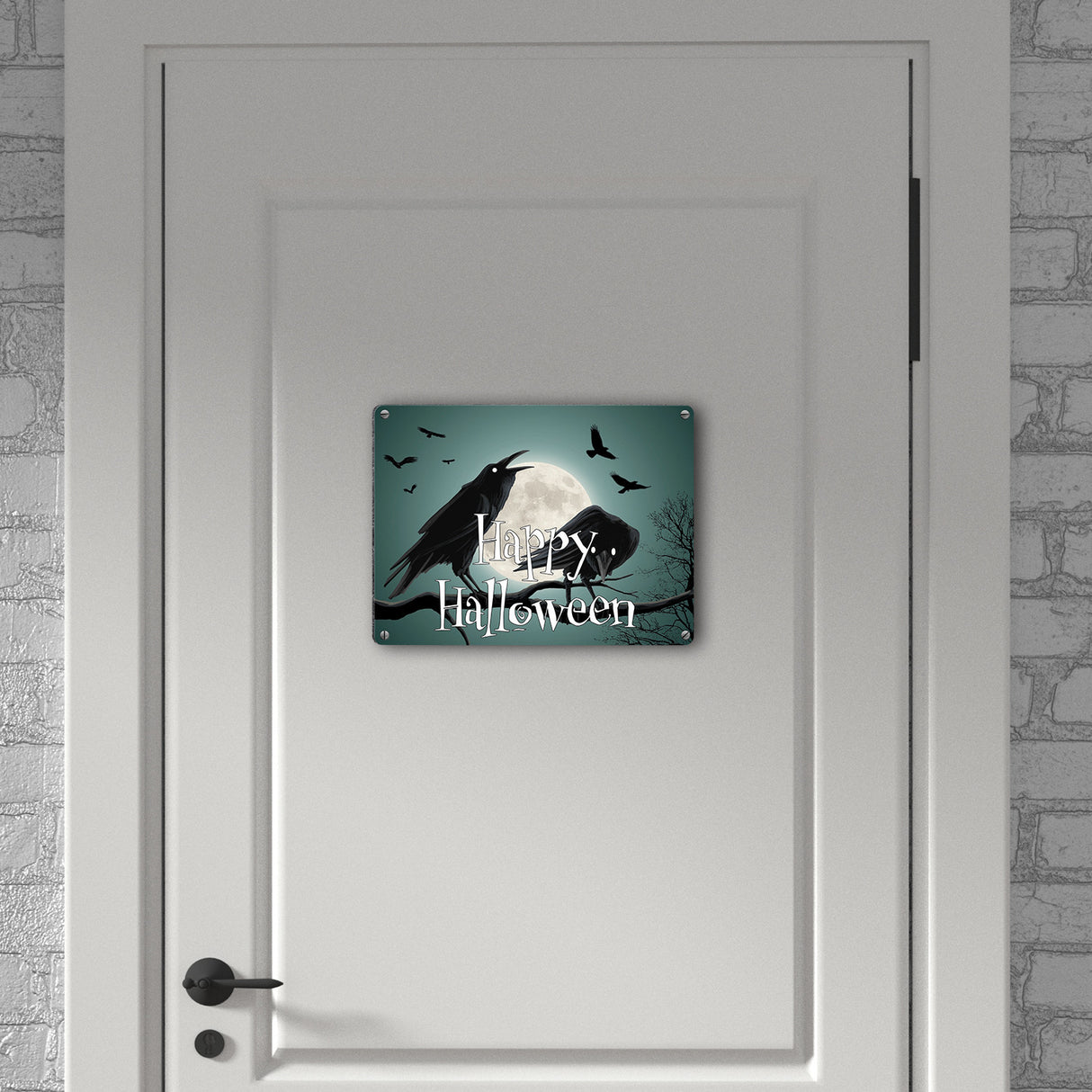 Metallschild mit gruseligem Raben Motiv und Schriftzug - Happy Halloween