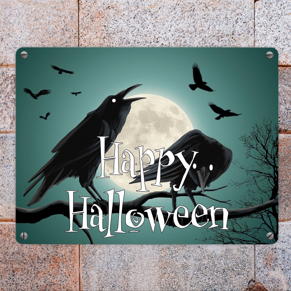 Metallschild mit gruseligem Raben Motiv und Schriftzug - Happy Halloween
