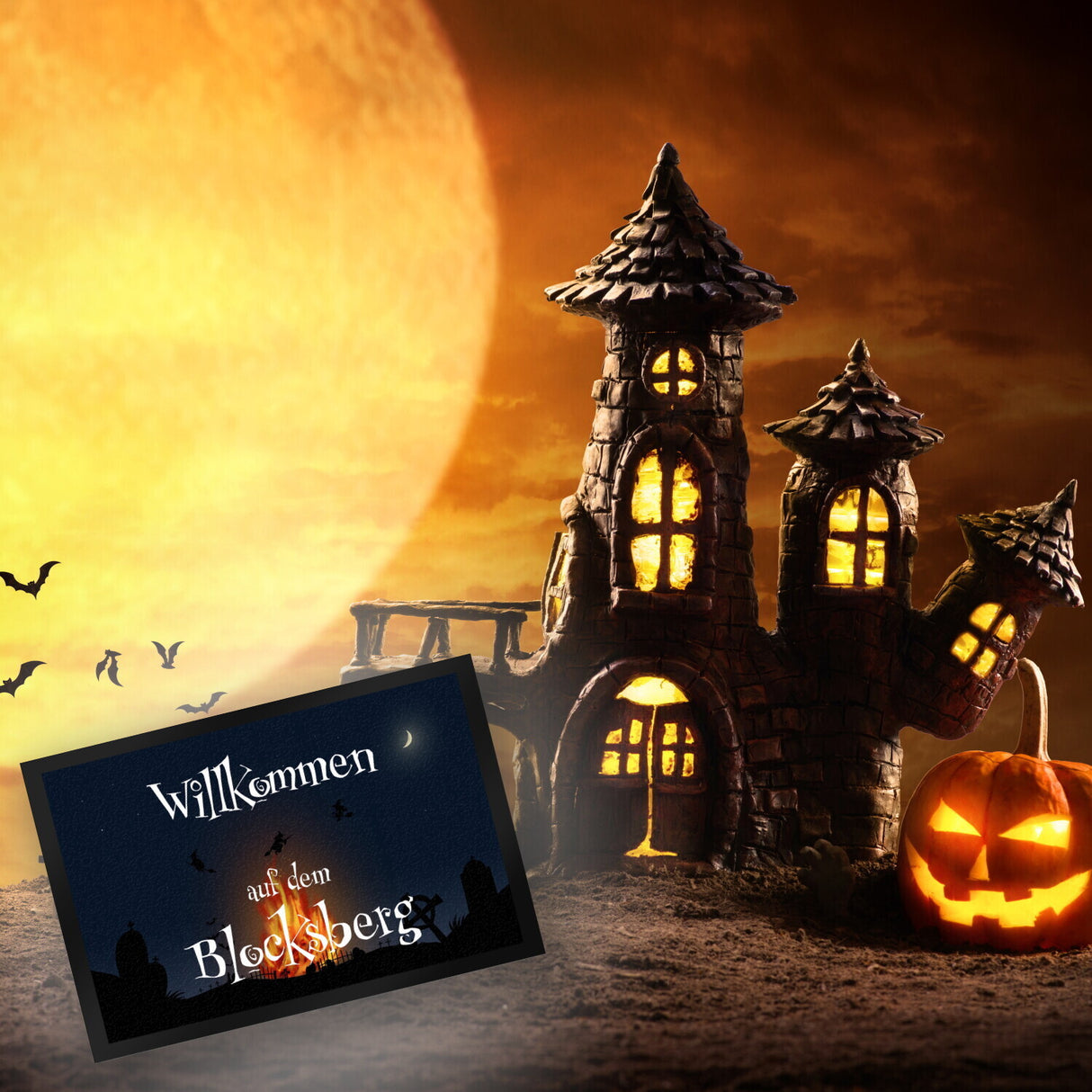 Fußmatte für Halloween mit Hexenfeuer und Spruch - Willkommen auf dem Blocksberg